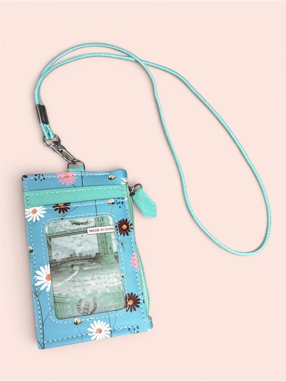 Blue Floral lanyard neck ID wallet Coin credit Card Case pouch Elastic Band new